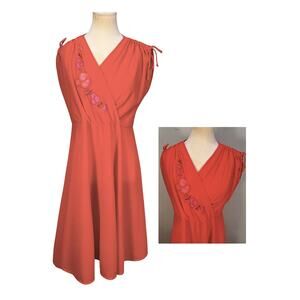 Vintage 70s Coral Drawstring Sleeve Surplice Neckline Fit and Flare Dress M/L